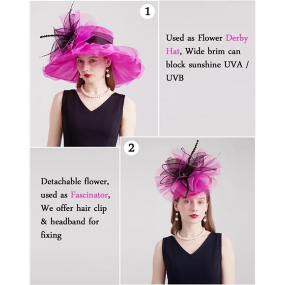 Women Organza Church Tea Party Hats Floral Pink main image 4